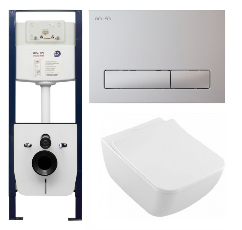 Инсталляция Am.Pm с безободковым унитазом Villeroy&Boch Venticello 4611 R0R1, сиденье микролифт клавиша белая, комплект