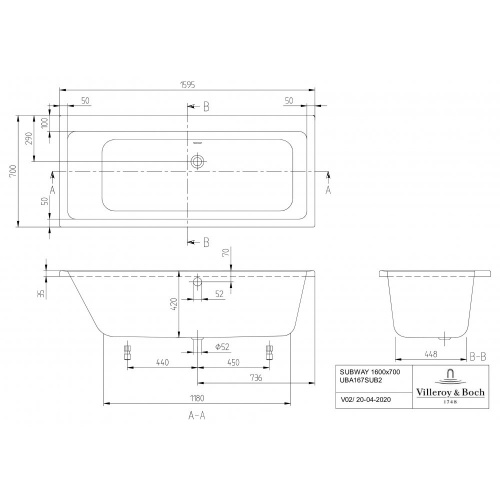 Ванна Villeroy & Boch Subway 160x70 см акриловая UBA167SUB2V-01