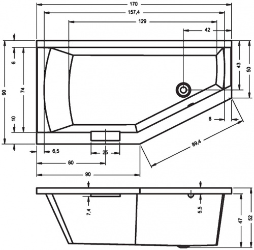 Ванна акриловая Riho Geta 170 x 90 см, правая