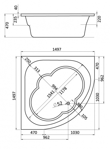 Ванна акриловая Santek Канны 1WH111983 150 х 150 см с монтажным комплектом 1WH112432