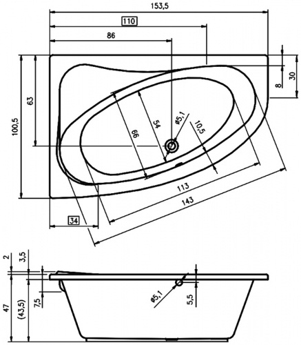 Ванна акриловая Riho Lyra 153x100 см, правая