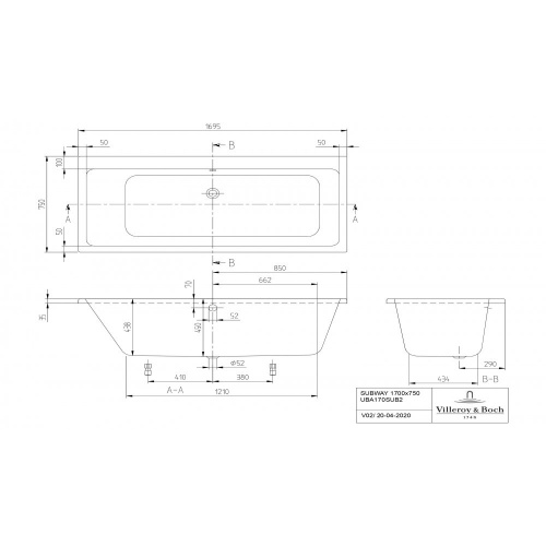 Ванна Villeroy & Boch Subway 170x75 см акриловая UBA170SUB2V-01