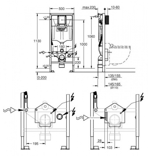 Инсталляция Grohe с безободковым унитазом Grohe Sensia Arena 39354SH0 с биде и феном, сиденье с микролифтом