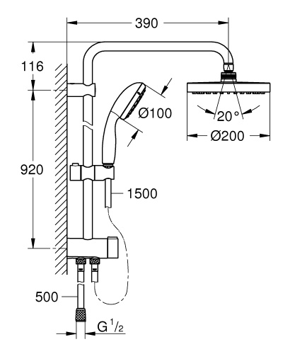 Душевой гарнитур Grohe New Tempesta System 200 26452001 (26452000) с верхним душем и переключателем