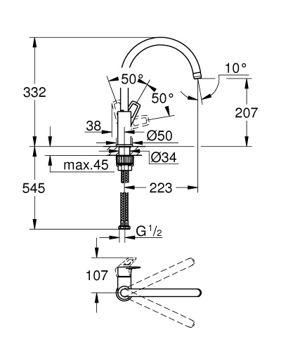 Смеситель Grohe BauLoop 31232001 для кухонной мойки, высокий излив