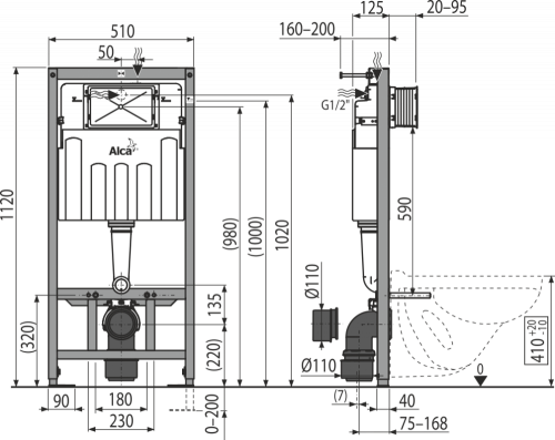 Инсталляция Alcaplast с безободковым унитазом Villeroy&Boch Venticello 4611 R0R1, сиденье микролифт клавиша хром, комплект