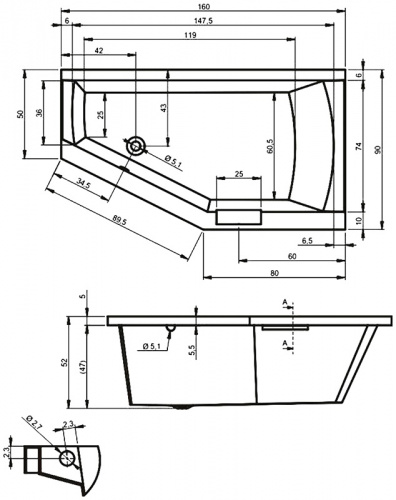 Ванна акриловая Riho Geta 160 x 90 см, правая