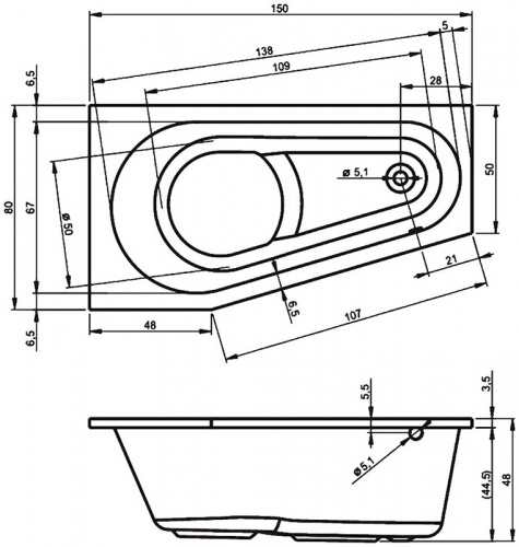 Акриловая ванна Riho Delta 150 x 80 см, левая
