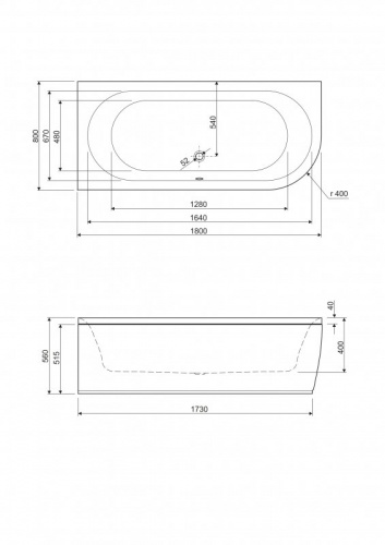 Акриловая ванна,правосторонняя CEZARES, METAURO CORNER, размер: 1800x800x400